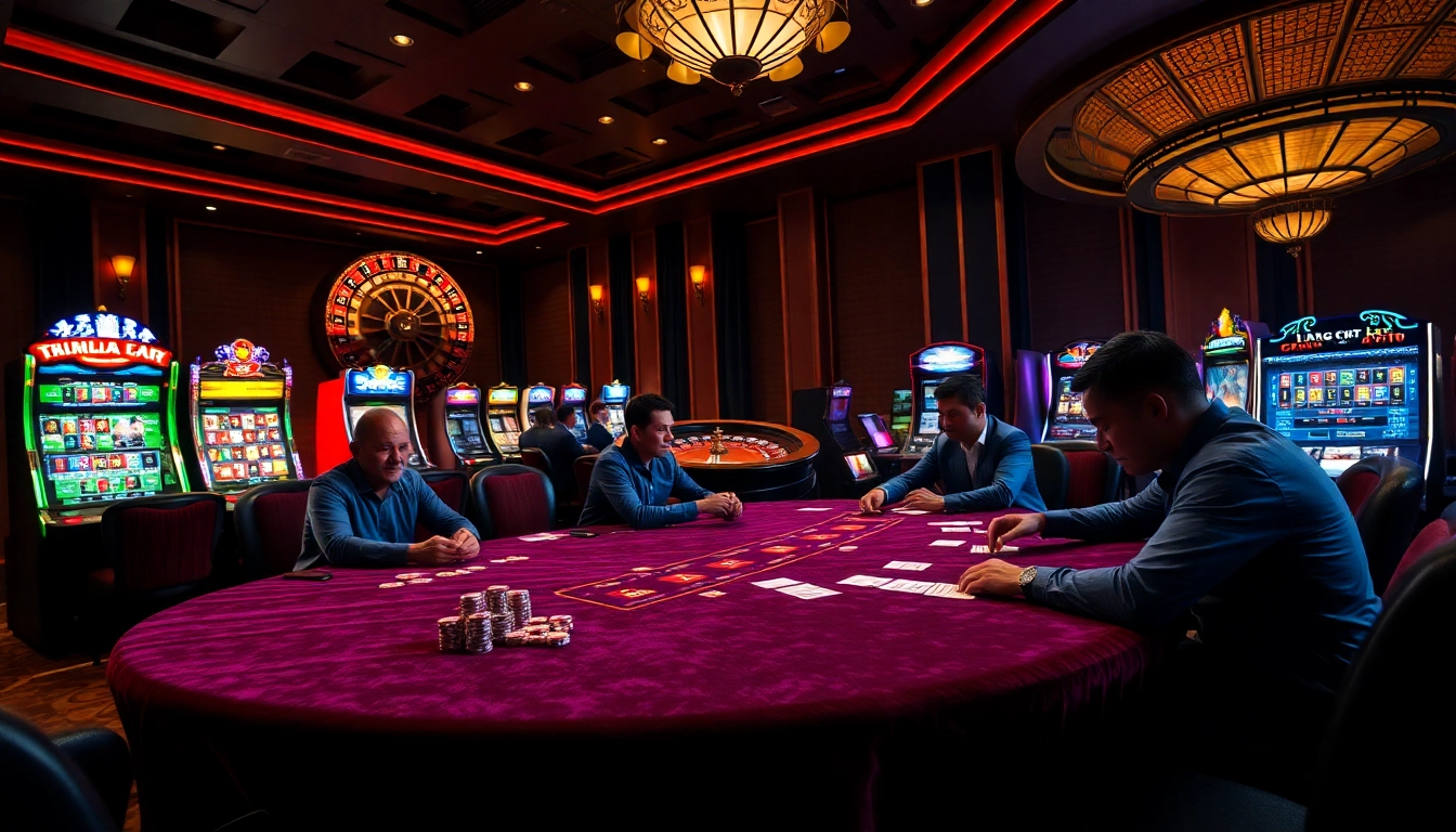 Gambling excitement at Trang chủ OKKING with poker games, chips, and roulette.