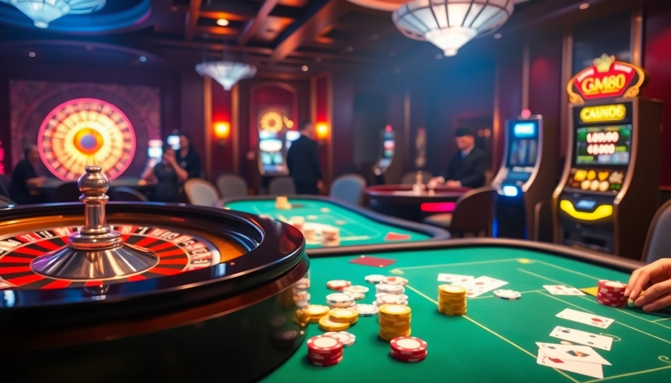 CM88 gaming scene with a vibrant roulette wheel and colorful poker chips in an elegant casino.