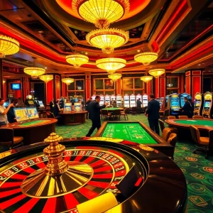 Experience vibrant gambling excitement with nk88 at a luxurious casino filled with roulette wheels and eager players.