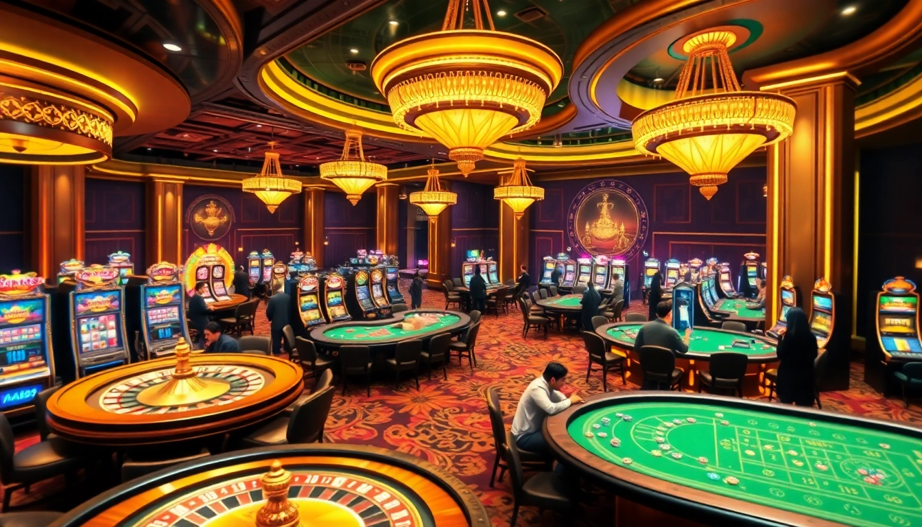 Players enjoying high-stakes gaming at nhà cái mm88 casino, showcasing vibrant atmosphere and excitement.