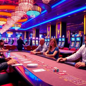 Players enjoying exhilarating MK 8 gaming experience at a luxurious casino, actively placing bets.