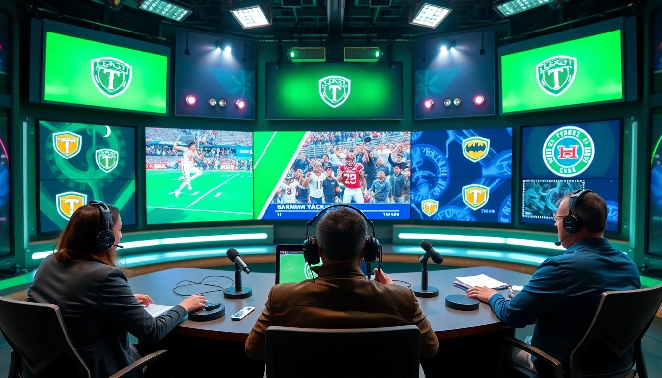 Dynamic sports broadcasting studio with on-air hosts discussing live sports events.