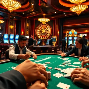 Players engaging in a high-stakes poker game at an x88 casino with vibrant poker chips and dynamic atmosphere.