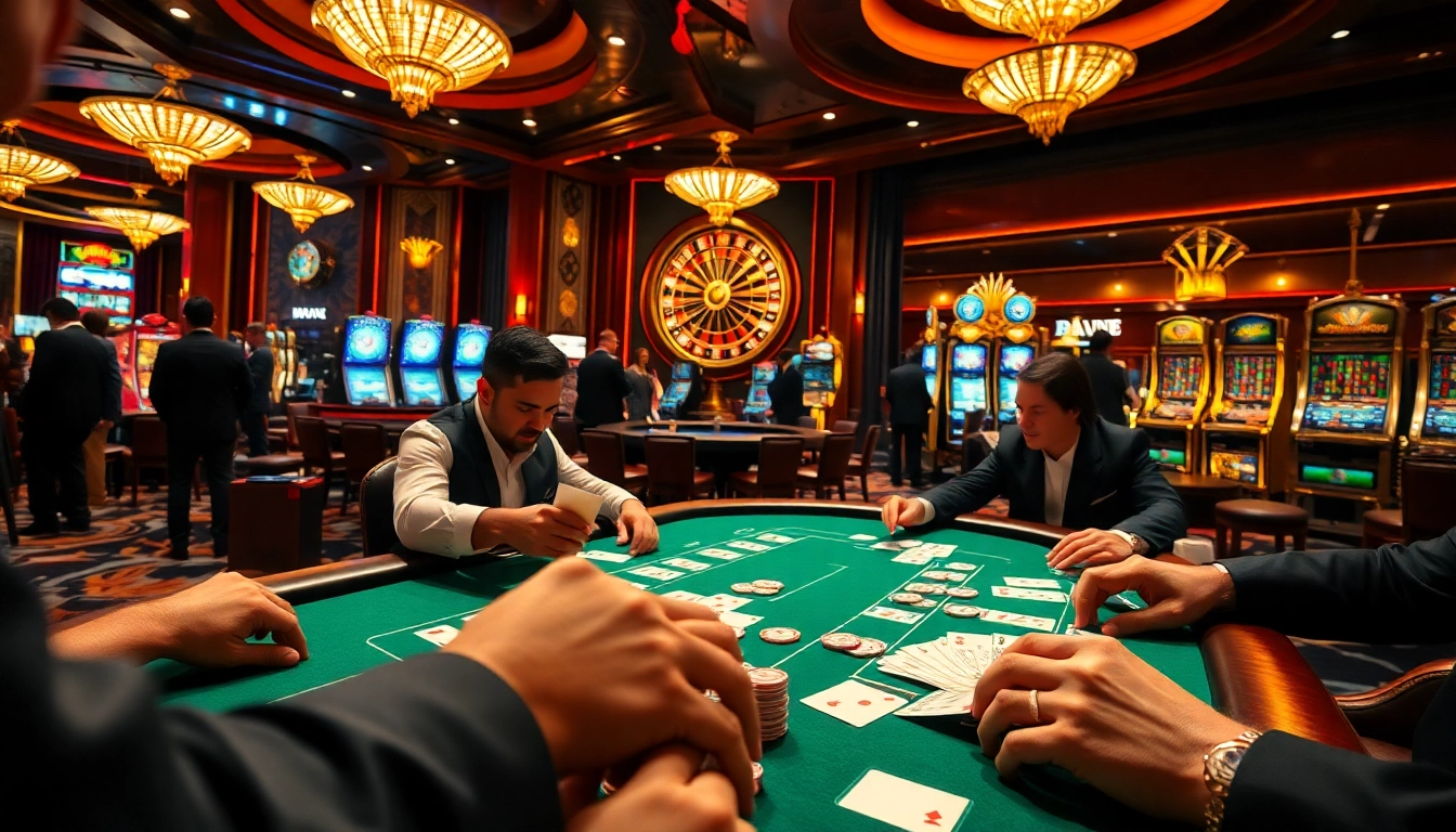 Players engaging in a high-stakes poker game at an x88 casino with vibrant poker chips and dynamic atmosphere.