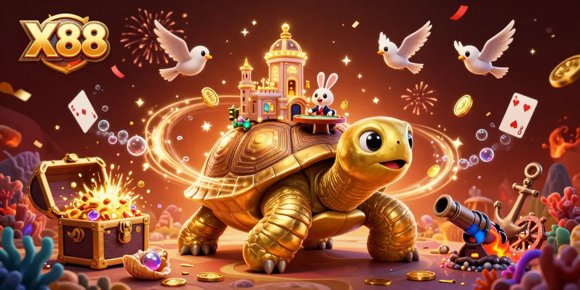 X88 offers exciting gambling strategies with a festive 3D casino illustration featuring a tortoise and a dealer.