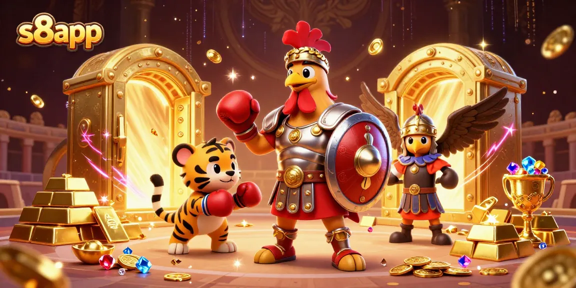 Engage in thrilling gameplay at s8app with a dynamic scene featuring mascot characters and vibrant casino elements.