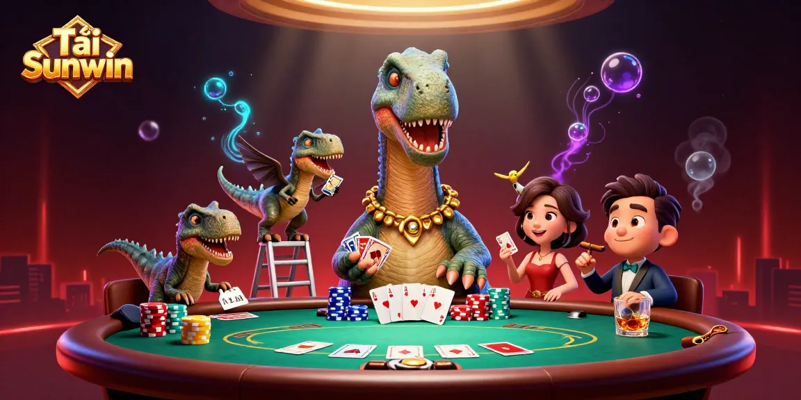 Engage in thrilling gameplay with Tải Sunwin, as a brontosaurus oversees the poker table action.