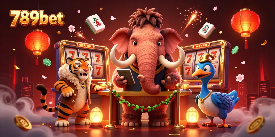 Experience exhilarating winning moments with 789bet in this lively casino scene featuring a woolly mammoth bouncer and saber-tooth VIP, enriched with slot game elements.