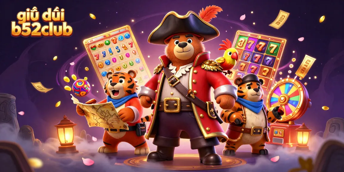 Engage in giải đấu b52club with exciting gaming elements featuring a cartoon pirate captain bear, a tiger, and dynamic casino scenes.