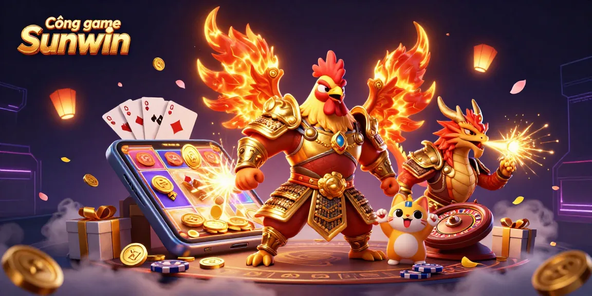 Cổng game Sunwin showcases a vibrant 3D scene with casino characters battling amidst dynamic gaming elements.