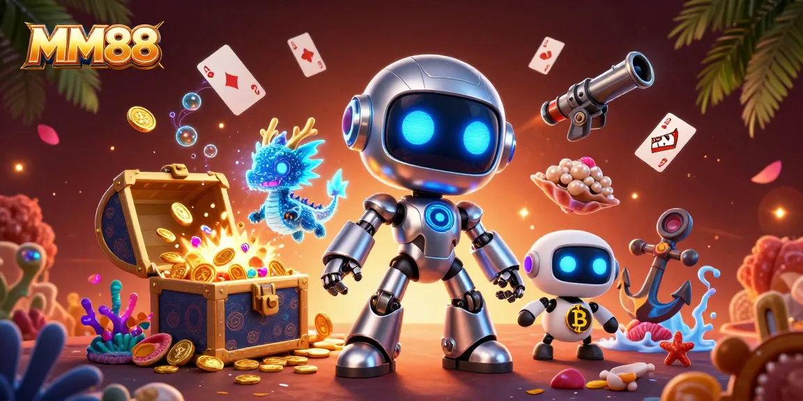 Experience gaming excitement with MM88, featuring a vibrant 3D casino world with characters and game elements.