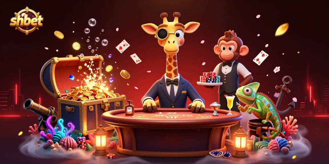 Experience SHBET's vibrant casino scene with a high-roller giraffe, monkey valet, and chameleon bartender.