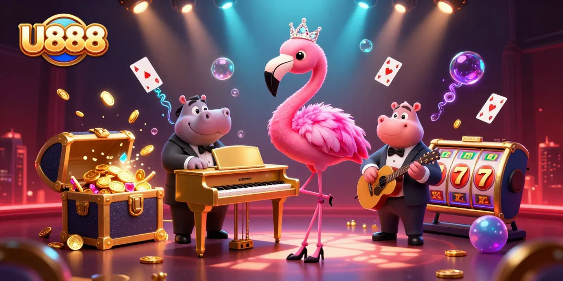 U888 offers vibrant 3D illustration showcasing thrilling casino excitement with engaging game elements.