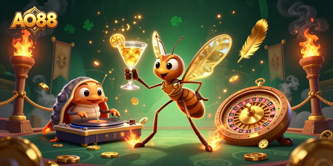 AO88 casino mascot brings good luck with a golden cocktail, surrounded by vibrant gambling elements.