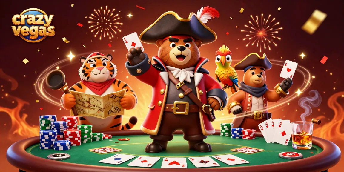 Join the excitement at crazyvegas with a vibrant poker scene featuring a bear captain, tiger first mate, and treasure map.